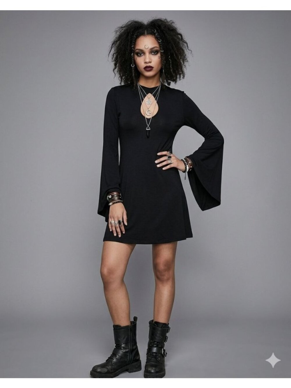 Gypsy Warrior Long Sleeve Keyhole Mock Neck Mini Dress Black Women's Size M